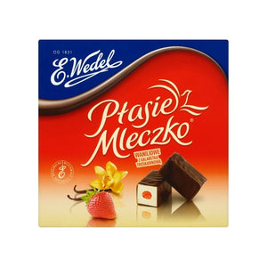 E. Wedel Ptasie Mleczko Dark Chocolate Vanilla Flavored Marshmallow with Strawberry Jelly - Waniliowe z nadzienieem Galaretki Truskawkowej 380 g